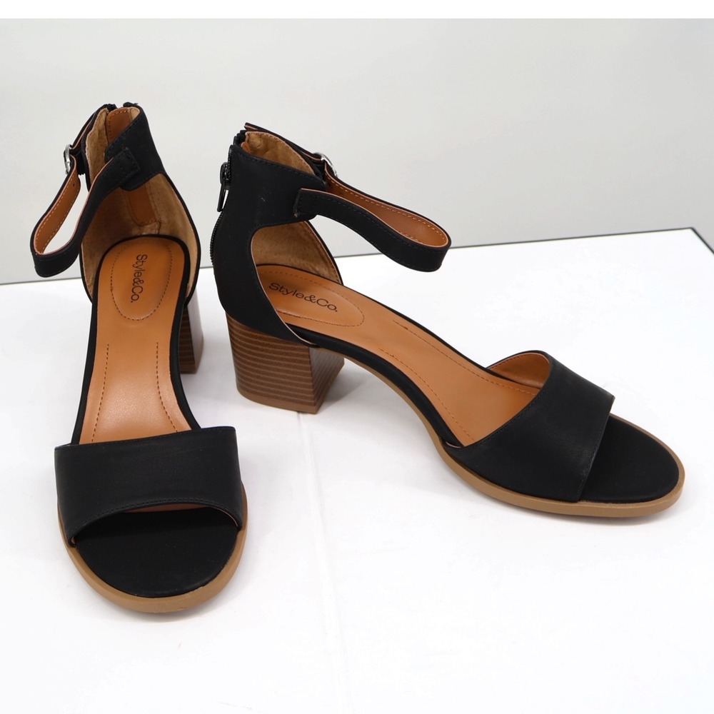 Style & Co Katerina Black Block Heel Sandals Ankle Strap Comfort 9M